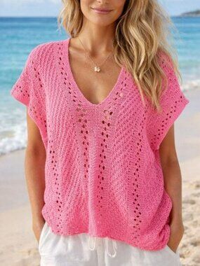 WOODEN SHIPS Cotton Pink Open Knit Sweater Size Medium/Large Beachy Summer